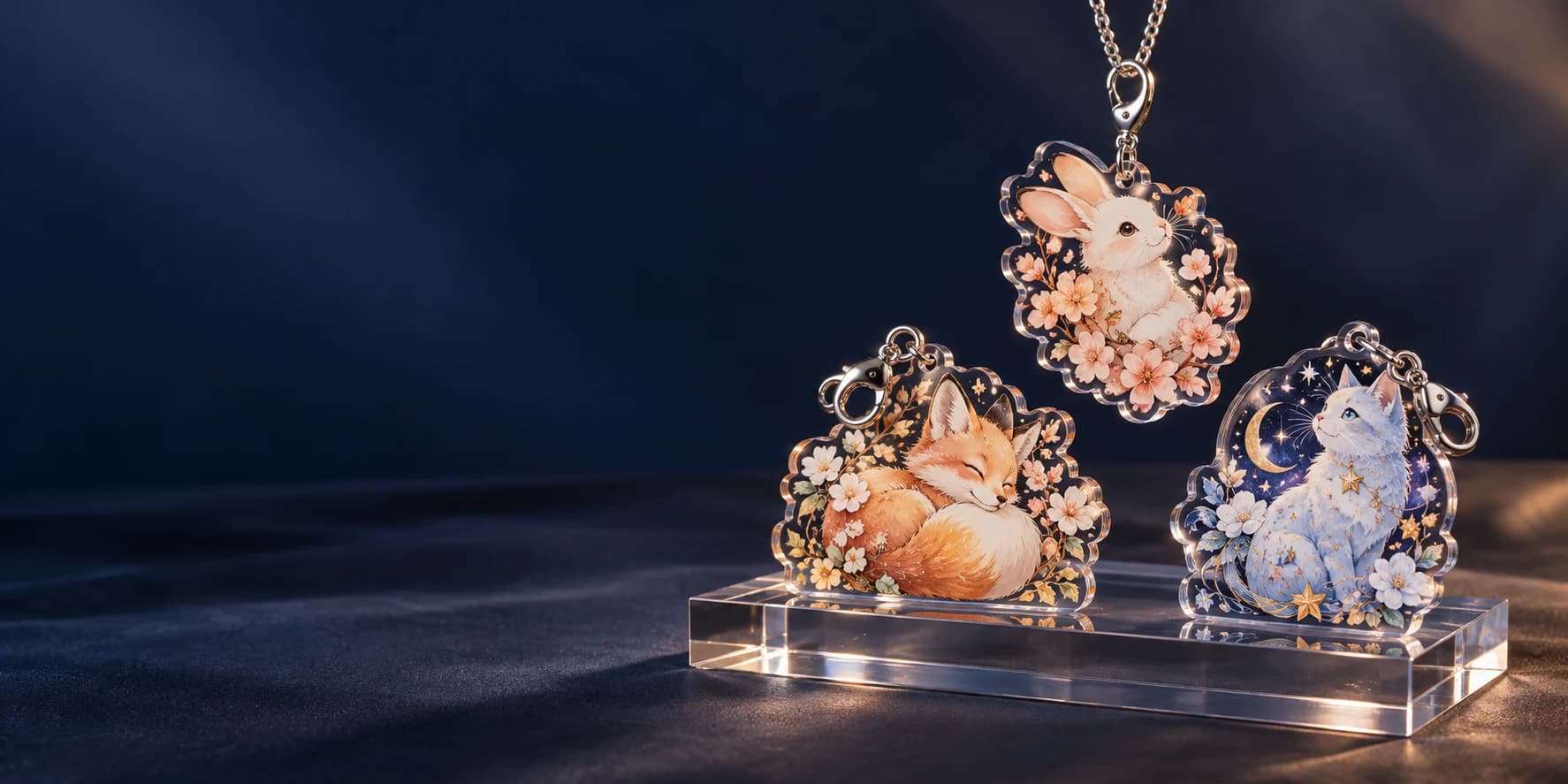 Clear acrylic rabbit, fox and cat keychains with polished metal clasps in a midnight-blue studio