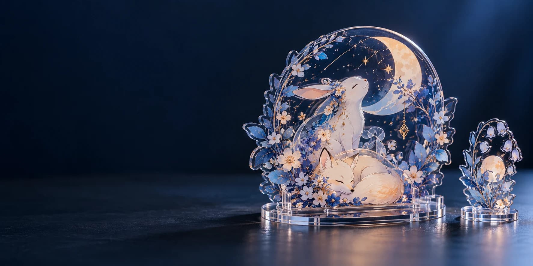 Layered moon rabbit and fox acrylic diorama with transparent slotted display bases
