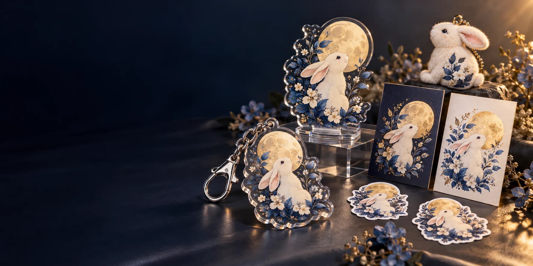 Coordinated rabbit artwork across acrylic keychains, a standee, foil cards, stickers and a plush charm