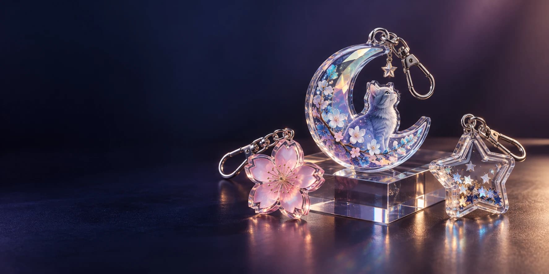 Holographic moon charm, epoxy blossom and transparent star shaker on an acrylic display plinth